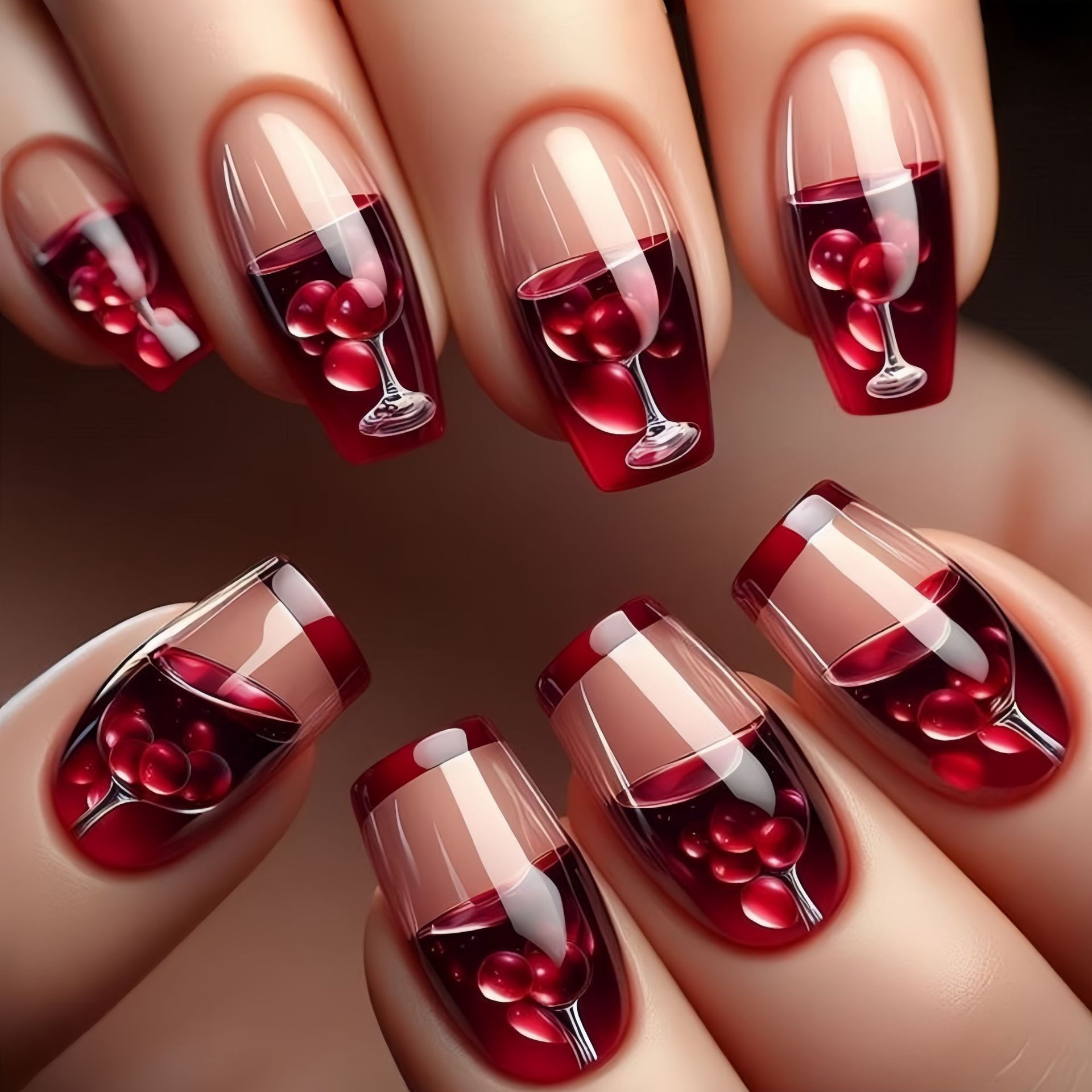 Nail Art Red Wine - Uñas postizas medianas y largas para