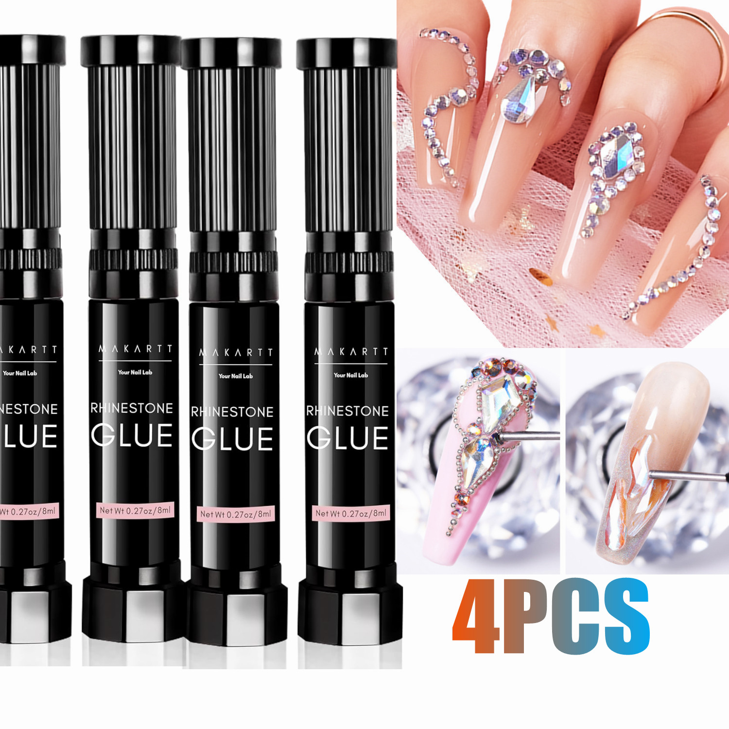 Rhinestone Nail Gem - Pegamento para uñas Makartt, 4 piezas,